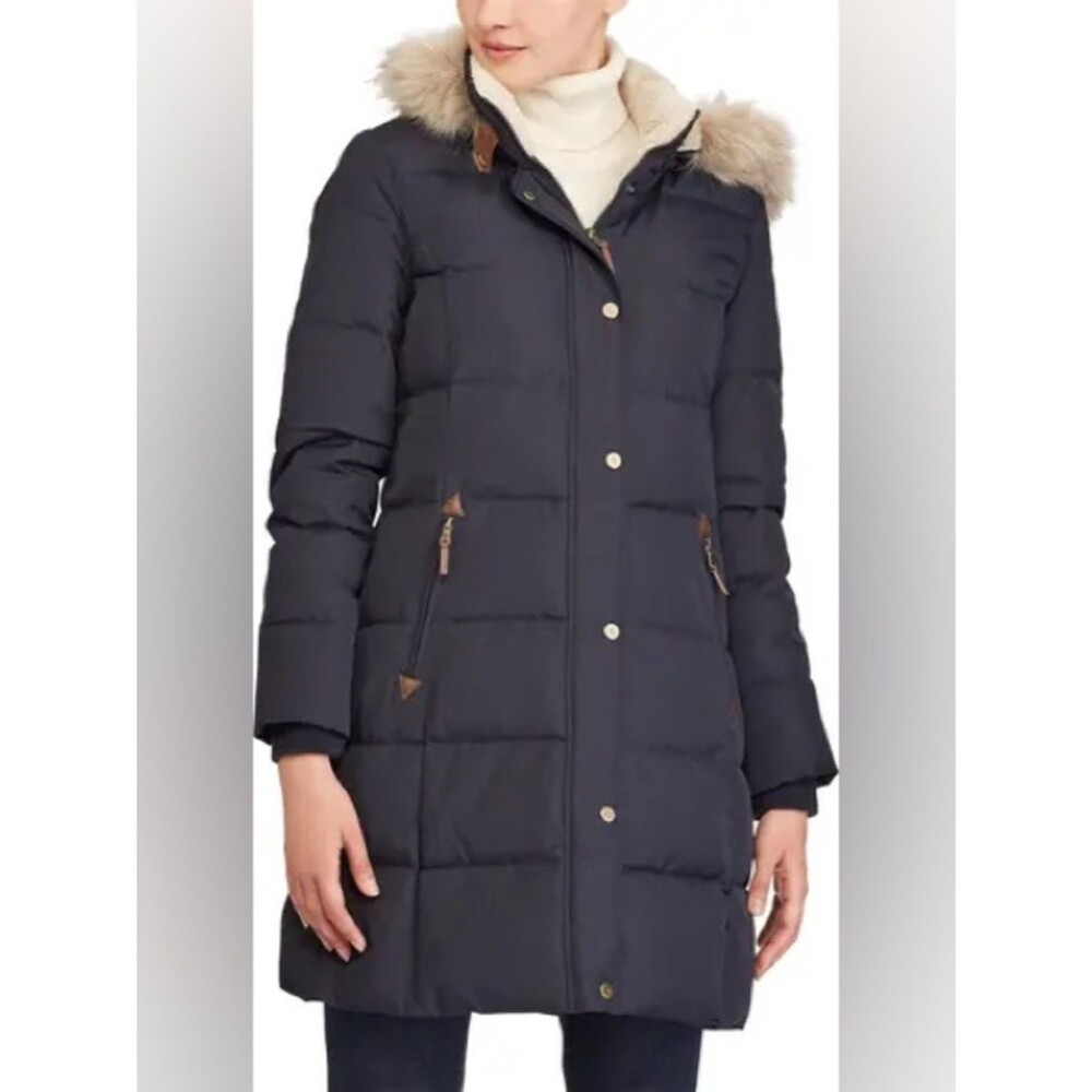Lauren Ralph Lauren Women's Faux-Fur Hooded Duck Down Puffer Coat-Navy Sz L